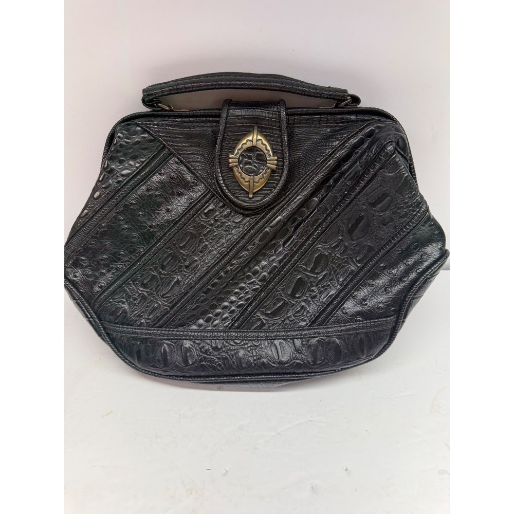 Vintage Black Embossed Patchwork Handbag Crocodile Ostrich Lizard Top Handle Bag - Picture 2 of 15
